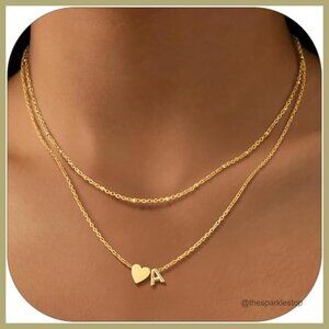 Gold Plated Stainless Steel Initial Heart Pendant Necklace Layered Design